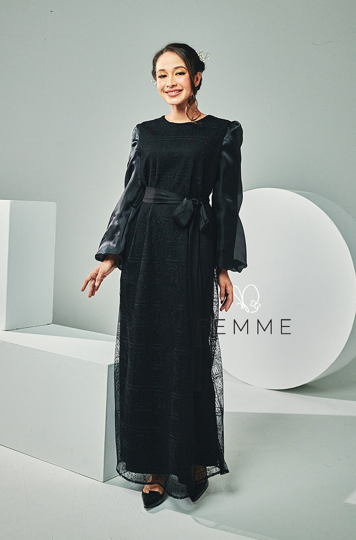 black dress with organza sleeves Lace & Beads Puff Sleeve Organza Mini Dress in Black