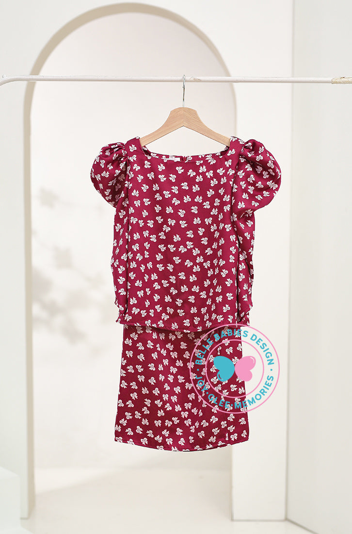 BBD puffed sleeves kurung (basic kurung)-Maroon Ribbons (printed)