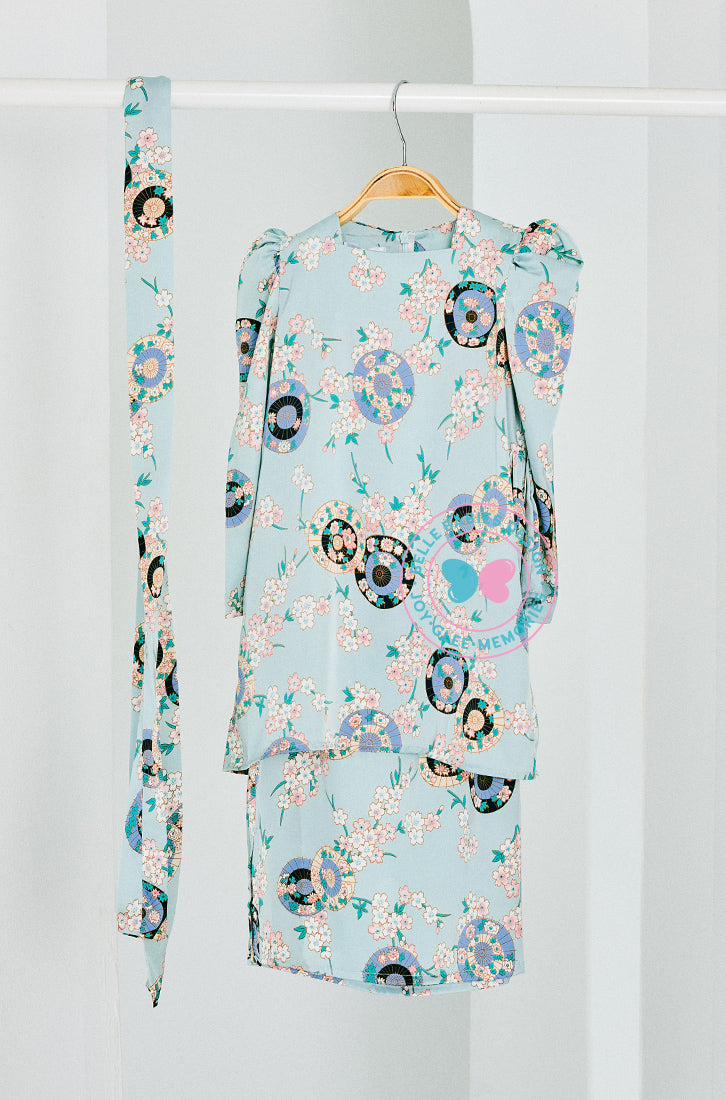 BBD Puff Printed Kurung (Blue Sakura)