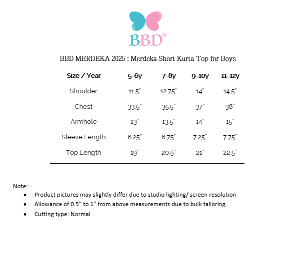 (DEPOSIT PRE ORDER) BBD MERDEKA 2025 : Merdeka Short Kurta Top for Boys
