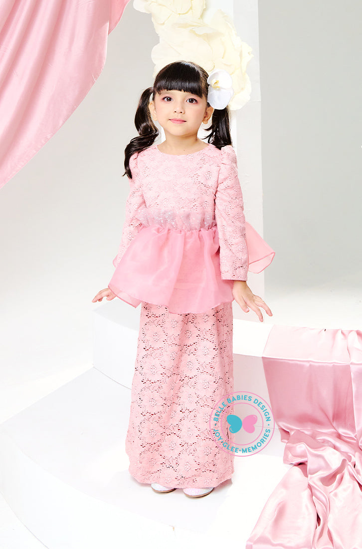 The Golden Chapter:  BBD Lace Glittered Peplum Kurung (Soft Pink)