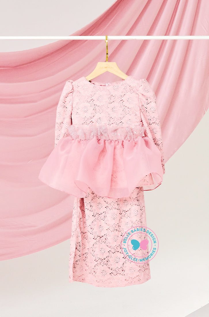 The Golden Chapter:  BBD Lace Glittered Peplum Kurung (Soft Pink)