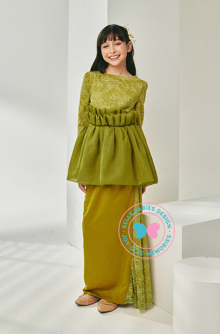 (As-Is)Timeless Charm 2024: Modern Pleated Peplum Kurung (Olive)