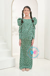 BBD puffed sleeves kurung (basic kurung)-Green ribbons (printed)