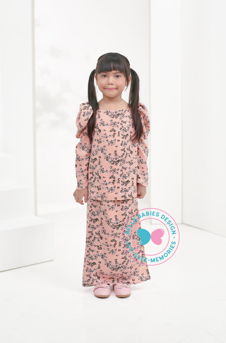 BBD puffed sleeves kurung (basic kurung)- Peach Flower (printed)