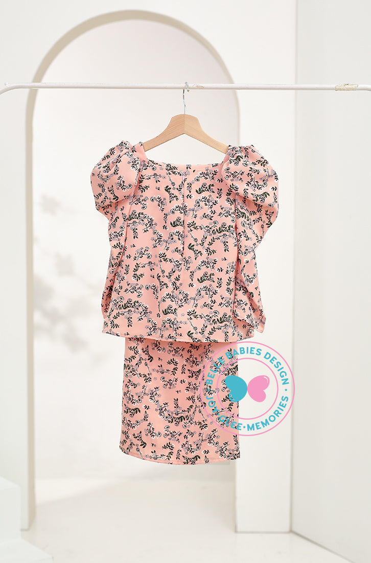 BBD puffed sleeves kurung (basic kurung)- Peach Flower (printed)