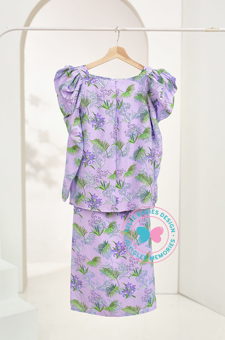 BBD puffed sleeves kurung (basic kurung)-Purple (tropical leaves)