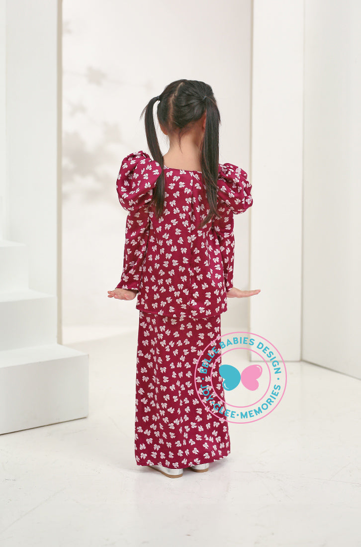 BBD puffed sleeves kurung (basic kurung)-Maroon Ribbons (printed)