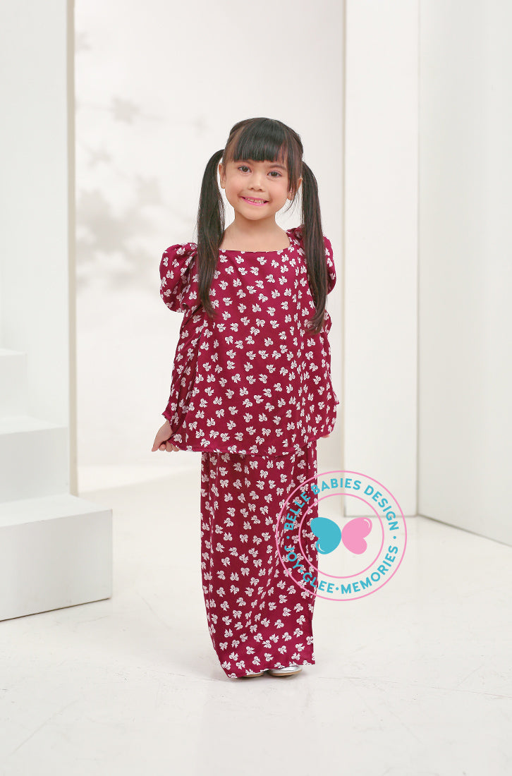 BBD puffed sleeves kurung (basic kurung)-Maroon Ribbons (printed)
