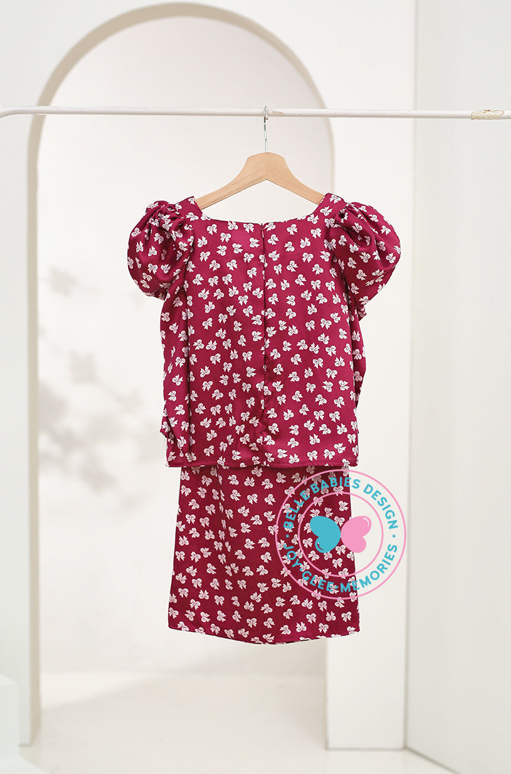 BBD puffed sleeves kurung (basic kurung)-Maroon Ribbons (printed)