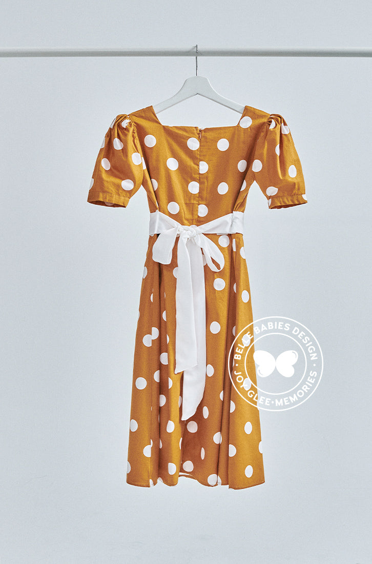 Polka Dot Mustard Vintage Dress Stylish American Crepe Mustard