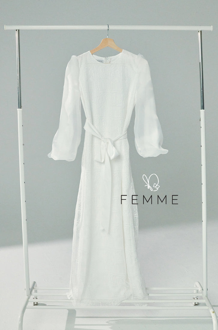 (As-is) FEMME : Organza Sleeve Long Dress (Off White)