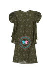 Printed (Floral) Puff Kurung - Olive Green