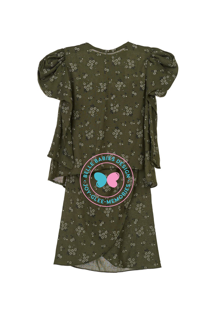 Printed (Floral) Puff Kurung - Olive Green