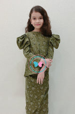 Printed (Floral) Puff Kurung - Olive Green