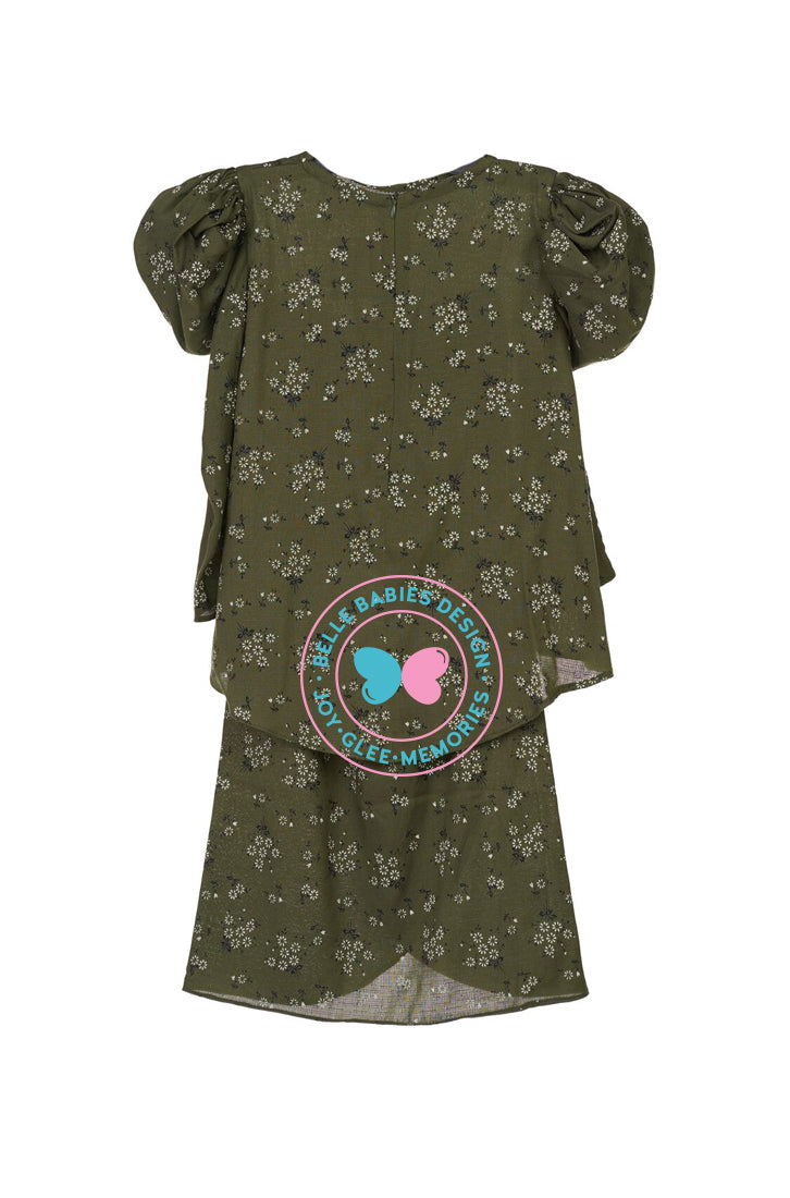 Printed (Floral) Puff Kurung - Olive Green