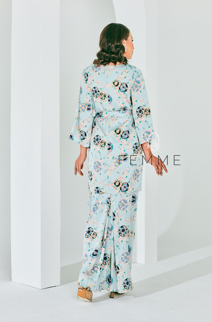 FEMME : Blue Sakura Printed Kurung