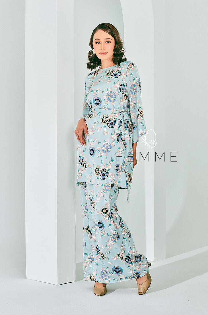 FEMME : Blue Sakura Printed Kurung