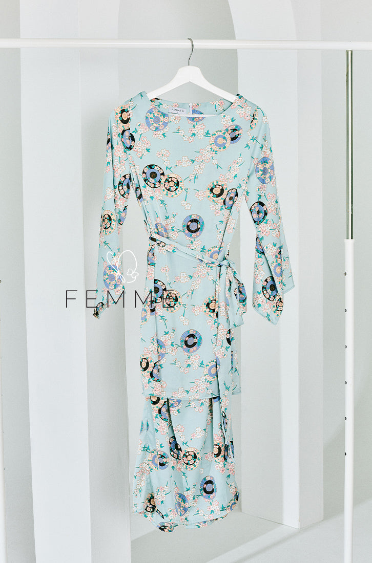 FEMME : Blue Sakura Printed Kurung