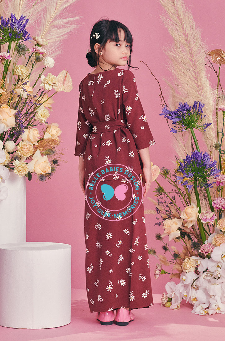 BBD Wrap Ribbon Kurung - Brownish Plum Flowers