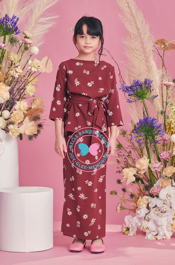 BBD Wrap Ribbon Kurung - Brownish Plum Flowers